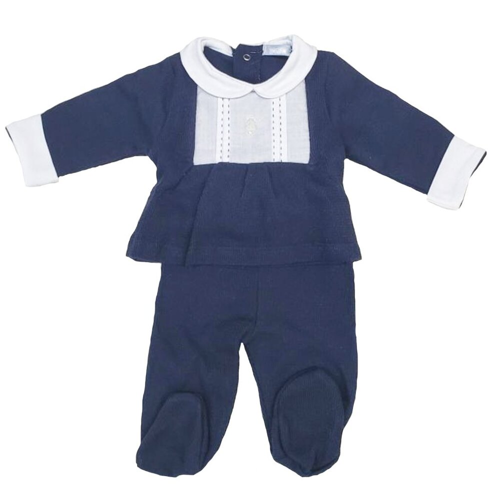 Babidu Canutillo Pintuck Shirt Footie Pant Set - Navy - NEW
